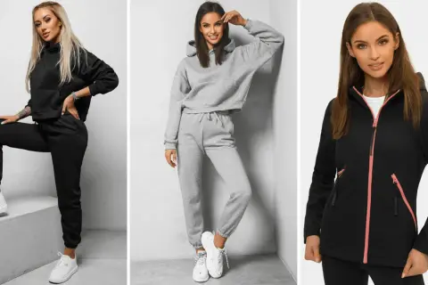 Trzy kobiety prezentują wygodne stylizacje w góry: czarny dres, szary komplet i czarną kurtkę z różowymi detalami.