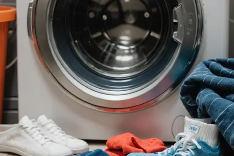 Przed pralką leżą buty i ubrania. Zastanawiasz się, w jakiej temperaturze prać bieliznę? Sprawdź metkę!
