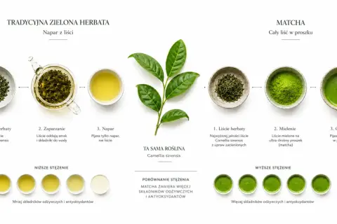 Porównanie tradycyjnej zielonej herbaty i matchy. Dowiedz się, matcha co to jest i jak powstaje ten cenny proszek z liści Camellia sinensis.