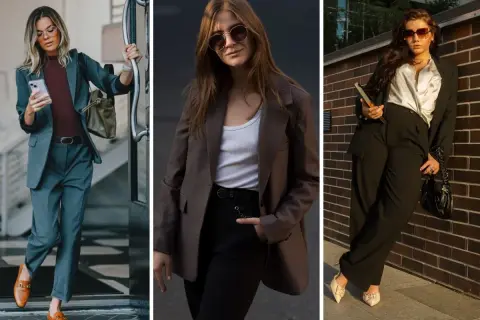 Eleganckie stylizacje do pracy: trzy kobiety w garniturach i modnych dodatkach.