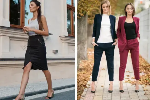 Eleganckie stylizacje dla kobiet: czarna spódnica z zamkiem i biały top, granatowy i bordowy garnitur. Inspiracja, jak się ubrać.
