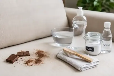 Plama z czekolady na kanapie? Soda, ocet i woda to domowe sposoby, jak usunąć plamę z czekolady.