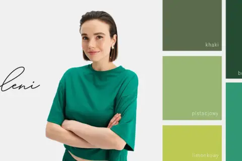 Modelka w zielonej bluzce prezentuje paletę odcieni zieleni: khaki, pistacjowy, limonkowy, butelkową i szmaragdową. Inspiracja, z czym łączyć zielony kolor ubrania.