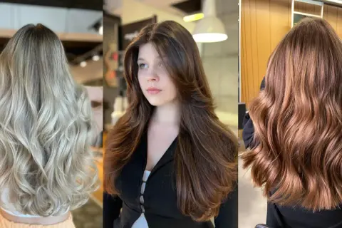 Trzy kobiety prezentują stylowe fryzury: blond z falami, brązowe włosy cieniowane warstwowo z grzywką i miedziane loki.