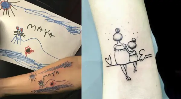 Tatuaż dla mamy z imionami dzieci, inspirowany rysunkiem córki. Widoczny tatuaż z imieniem "Maya" i rysunkiem, obok tatuaż przedstawiający mamę z córką i imię "Emma".