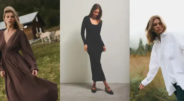 Eleganckie stylizacje na Wigilię firmową: brązowa sukienka maxi, czarna dopasowana sukienka, biała koszula.