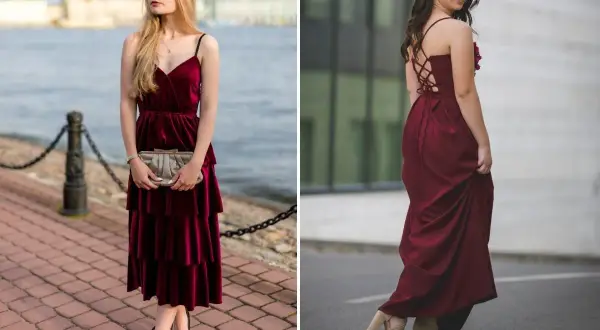 Eleganckie dodatki do bordowej sukienki na wesele: kopertówka i szpilki lub sandałki na obcasie.