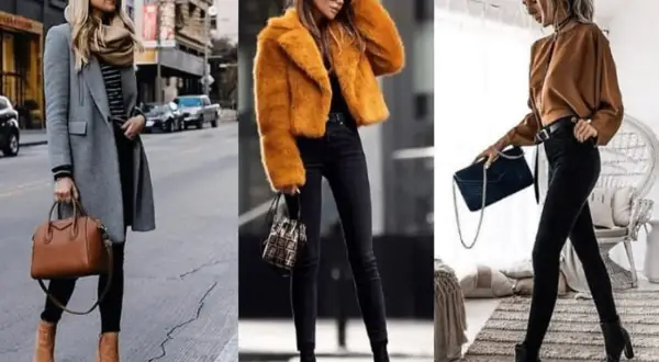 Trzy kobiety prezentują stylowe zestawy z czarnymi spodniami. Wygodne buty do czarnych spodni to klucz do modnego wyglądu.