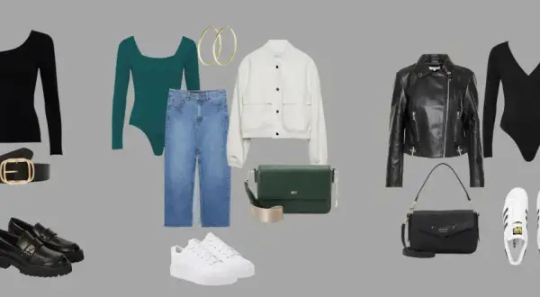 Stylizacja na wyjście z koleżankami: czarny top asymetryczny, jeansy, botki, torebka. Alternatywnie: zielony body, jeansy, biała bomberka, zielona torebka.