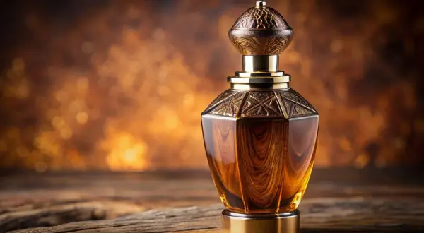 Elegancka buteleczka perfum z płynem w kolorze bursztynu. W tle ciepłe, rozmyte światła. Czy to właśnie oud, co to za zapach?