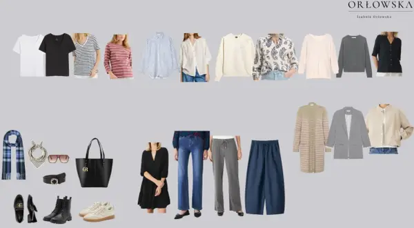 Zestaw ubrań tworzących szafę kapsułową męską: t-shirty, koszule, swetry, marynarka, spodnie, sukienka, akcesoria.