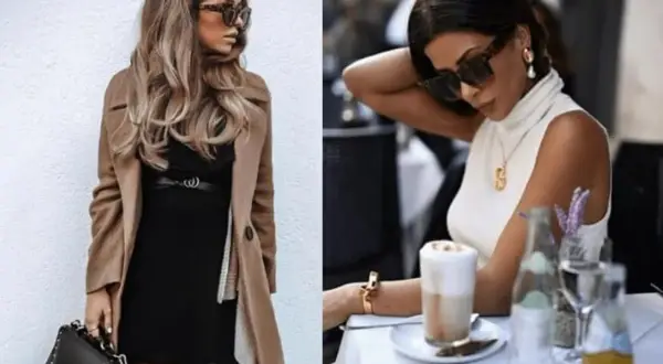 Elegancka stylizacja do restauracji: płaszcz, czarna sukienka i torebka. Druga kobieta w białej bluzce z golfem, przy stoliku z kawą.
