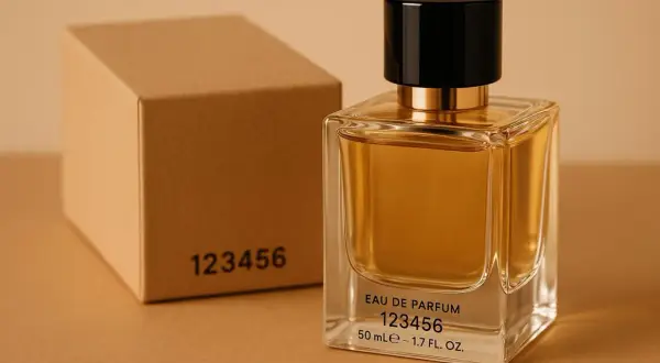 Elegancka butelka perfum i pudełko z numerem 123456. Chcesz wiedzieć, jak sprawdzić, czy perfumy są oryginalne? Zwróć uwagę na detale.
