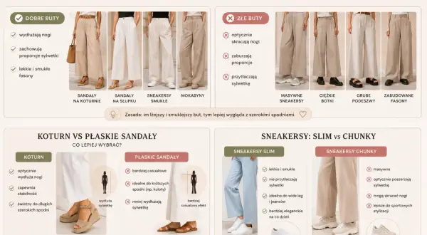 Dobre buty do spodni wide leg: sandały na koturnie, na słupku, sneakersy smukłe. Złe buty: masywne sneakersy, ciężkie botki.
