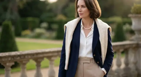 Elegancka kobieta w granatowej marynarce i beżowych spodniach, z perłowym naszyjnikiem, emanuje klasycznym "old money look" na tle ogrodu.