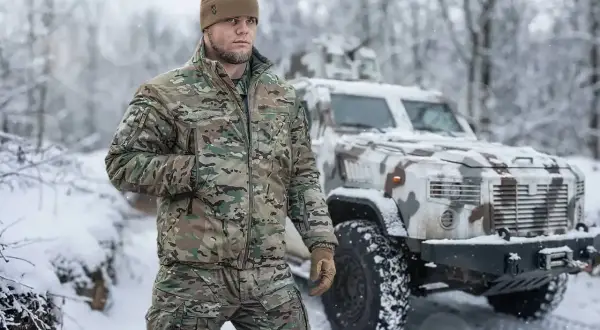 Mężczyzna w zimowej kurtce moro i czapce stoi na tle pojazdu wojskowego w śnieżnym krajobrazie. Idealna kurtka na zimę.