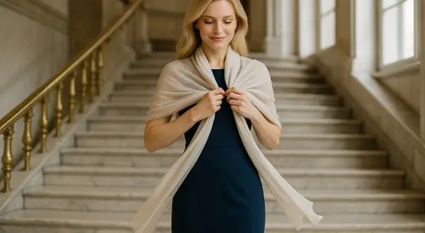 Elegancka kobieta w granatowej sukience wieczorowej i beżowym szalu. Pokaz, jak wiązać szal do sukienki wieczorowej, by wyglądać zjawiskowo.
