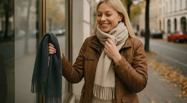Kobieta w brązowej kurtce zastanawia się, jaki szalik do brązowego płaszcza będzie najlepszy. Ma w ręku szary szalik, a na szyi beżowy.