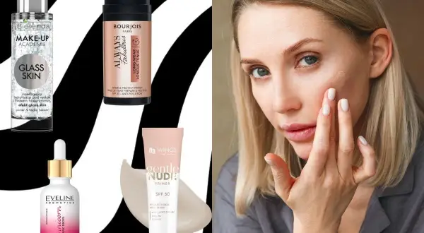 Kobieta aplikuje na twarz silikonową bazę pod makijaż. W tle kosmetyki: Bielenda, Bourjois, Eveline, Wings.