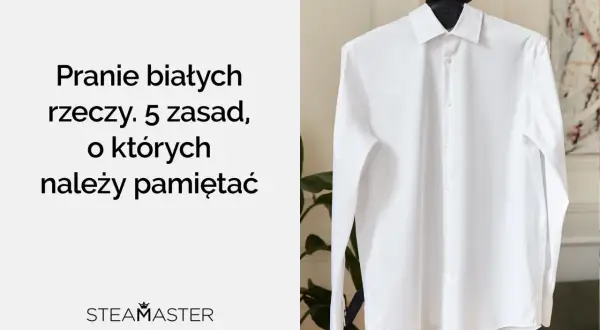 Biała koszula na wieszaku, gotowa do prasowania. Dowiedz się, jak prać białe koszule, by zawsze wyglądały jak nowe.
