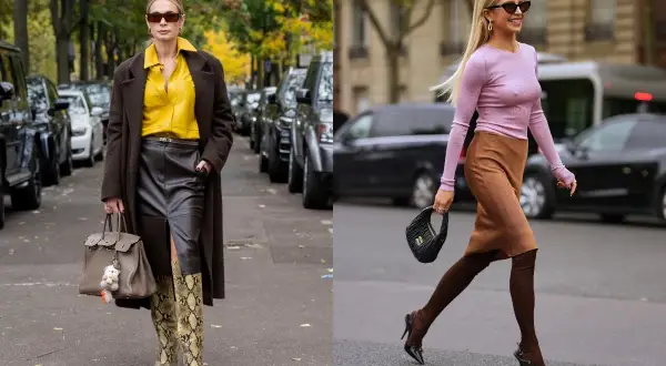 Dwie kobiety prezentują stylowe **kolory jesieni ubrania**: jedna w brązowym płaszczu i żółtej koszuli, druga w różowym swetrze i brązowej spódnicy.