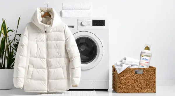 Biała kurtka puchowa wisi obok pralki, gotowa na pranie. W koszyku obok znajduje się detergent do prania.