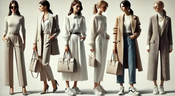 Sześć kobiet prezentuje elegancki styl damski w jasnych, neutralnych barwach. Od szerokich spodni po płaszcze, każda stylizacja emanuje szykiem.