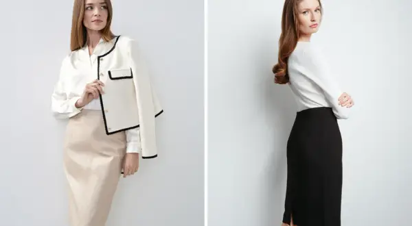 Eleganckie stylizacje z czarną mini spódniczką i beżową. Klasyka w nowoczesnym wydaniu.