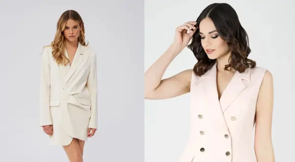 Eleganckie stylizacje do pracy: kremowa marynarka sukienka i różowa kamizelka.