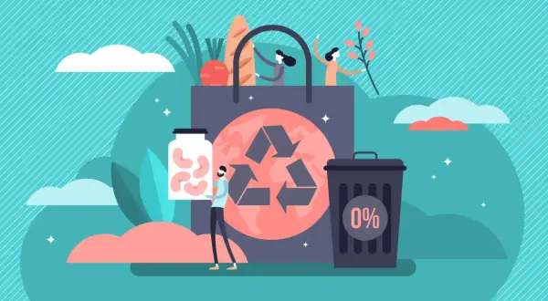 Ludzie pakują zakupy do torby, obok kosz na śmieci z 0% i słoik z fasolą. To symbolizuje, że zero waste co to znaczy – minimalizowanie odpadów.