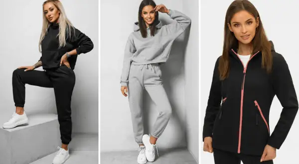 Trzy kobiety prezentują wygodne stylizacje w góry: czarny dres, szary komplet i czarną kurtkę z różowymi detalami.