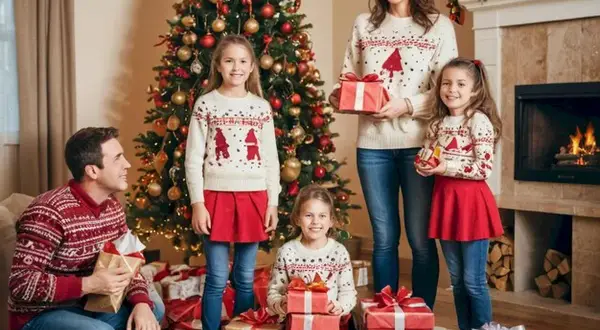Rodzina w świątecznych stylizacjach rodzinnych pozuje przy choince z prezentami. Radosne dzieci i rodzice w swetrach z zimowymi wzorami.