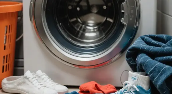 Przed pralką leżą buty i ubrania. Zastanawiasz się, w jakiej temperaturze prać bieliznę? Sprawdź metkę!