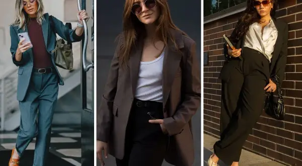 Eleganckie stylizacje do pracy: trzy kobiety w garniturach i modnych dodatkach.