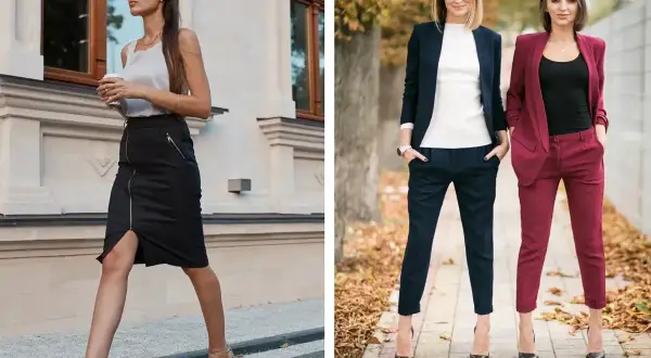 Eleganckie stylizacje dla kobiet: czarna spódnica z zamkiem i biały top, granatowy i bordowy garnitur. Inspiracja, jak się ubrać.