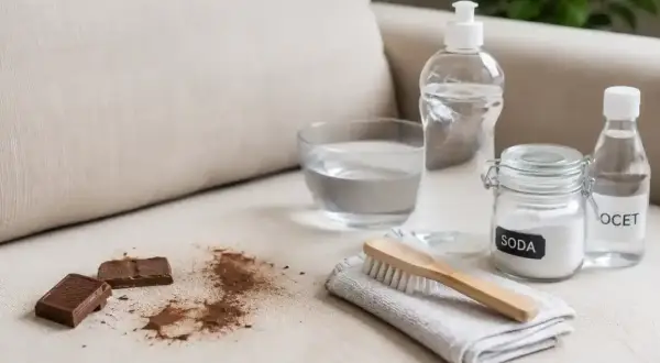 Plama z czekolady na kanapie? Soda, ocet i woda to domowe sposoby, jak usunąć plamę z czekolady.