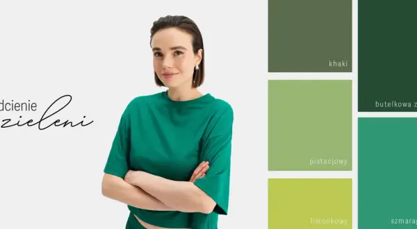 Modelka w zielonej bluzce prezentuje paletę odcieni zieleni: khaki, pistacjowy, limonkowy, butelkową i szmaragdową. Inspiracja, z czym łączyć zielony kolor ubrania.