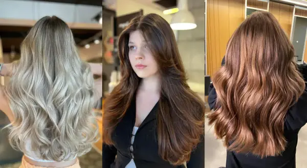 Trzy kobiety prezentują stylowe fryzury: blond z falami, brązowe włosy cieniowane warstwowo z grzywką i miedziane loki.