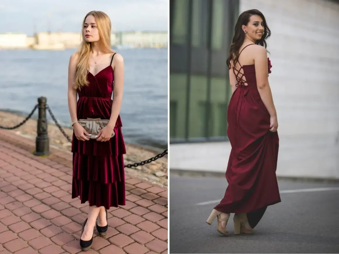 Eleganckie dodatki do bordowej sukienki na wesele: kopertówka i szpilki lub sandałki na obcasie.