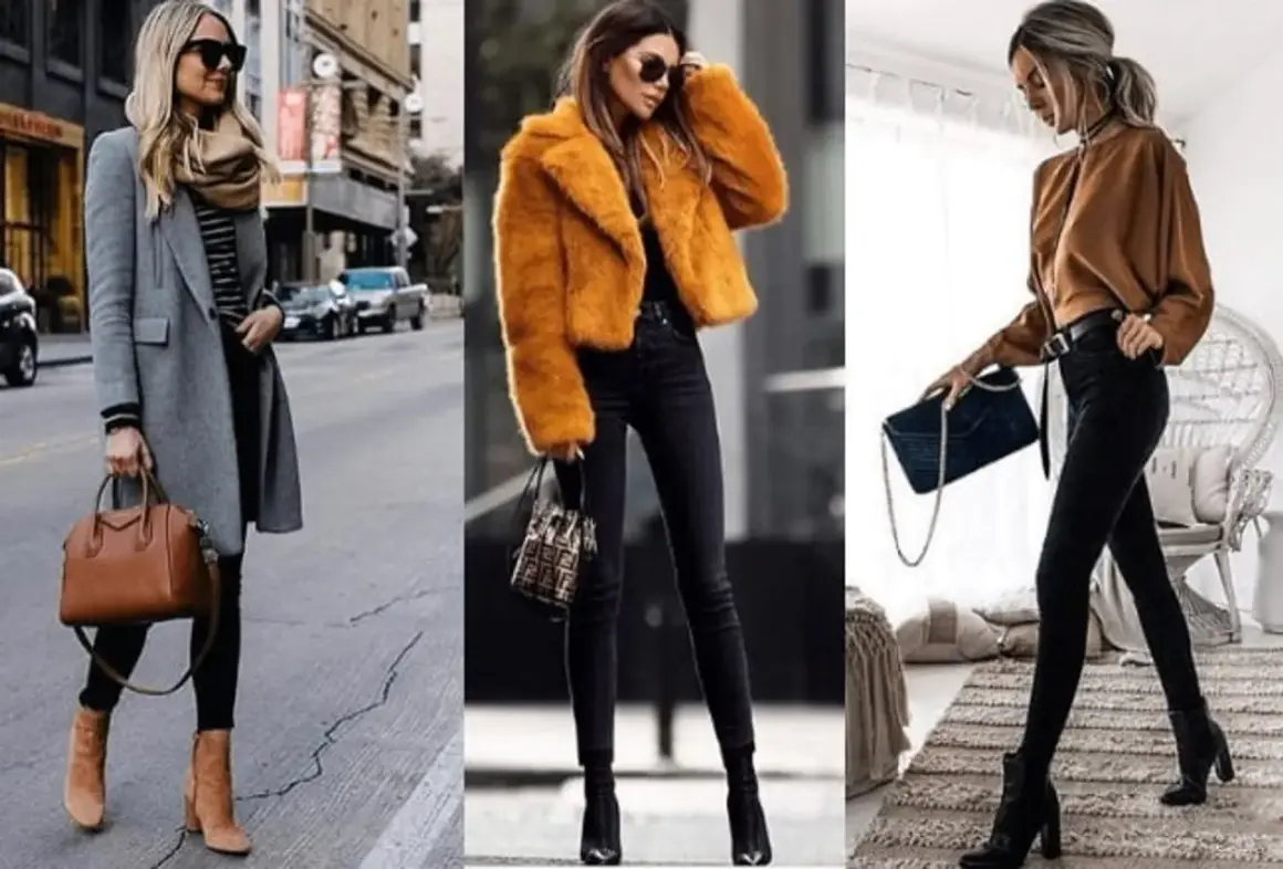Trzy kobiety prezentują stylowe zestawy z czarnymi spodniami. Wygodne buty do czarnych spodni to klucz do modnego wyglądu.