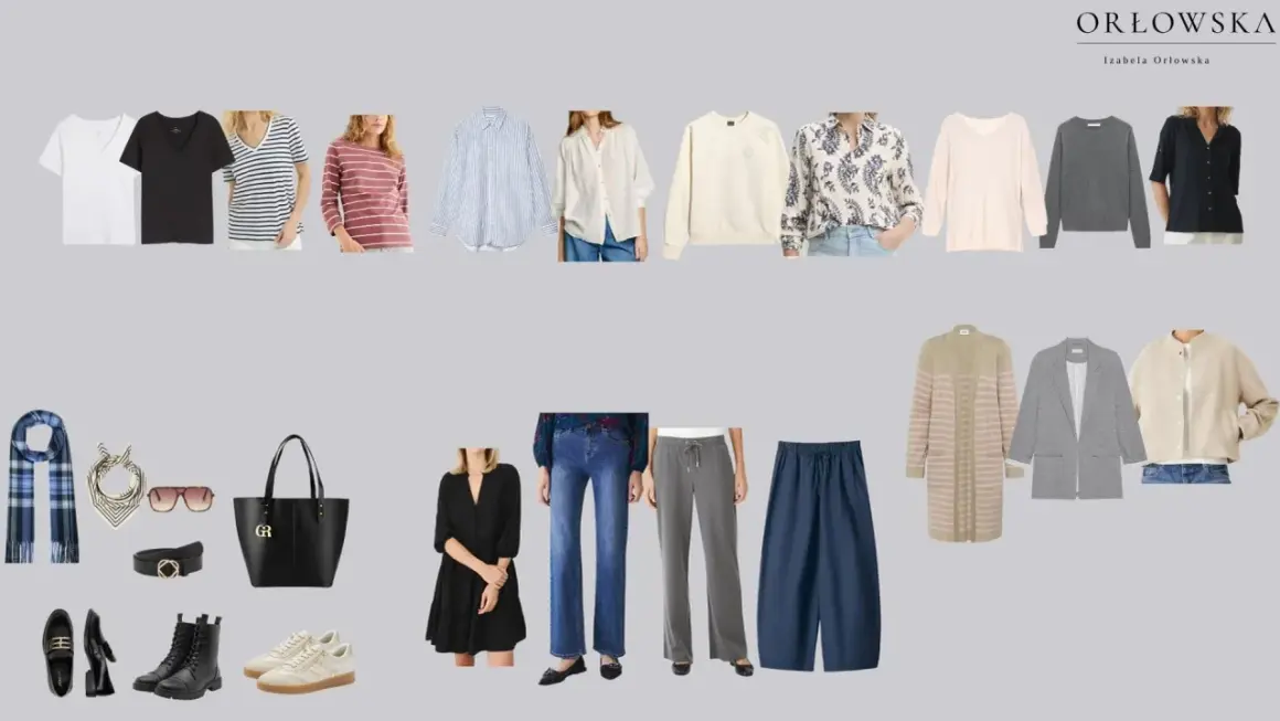 Zestaw ubrań tworzących szafę kapsułową męską: t-shirty, koszule, swetry, marynarka, spodnie, sukienka, akcesoria.