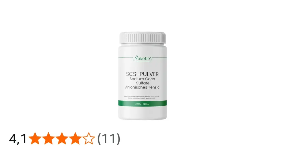 Biały pojemnik z zielonym logo Nakobe, zawierający proszek SCS-PULVER Sodium Coco Sulfate.