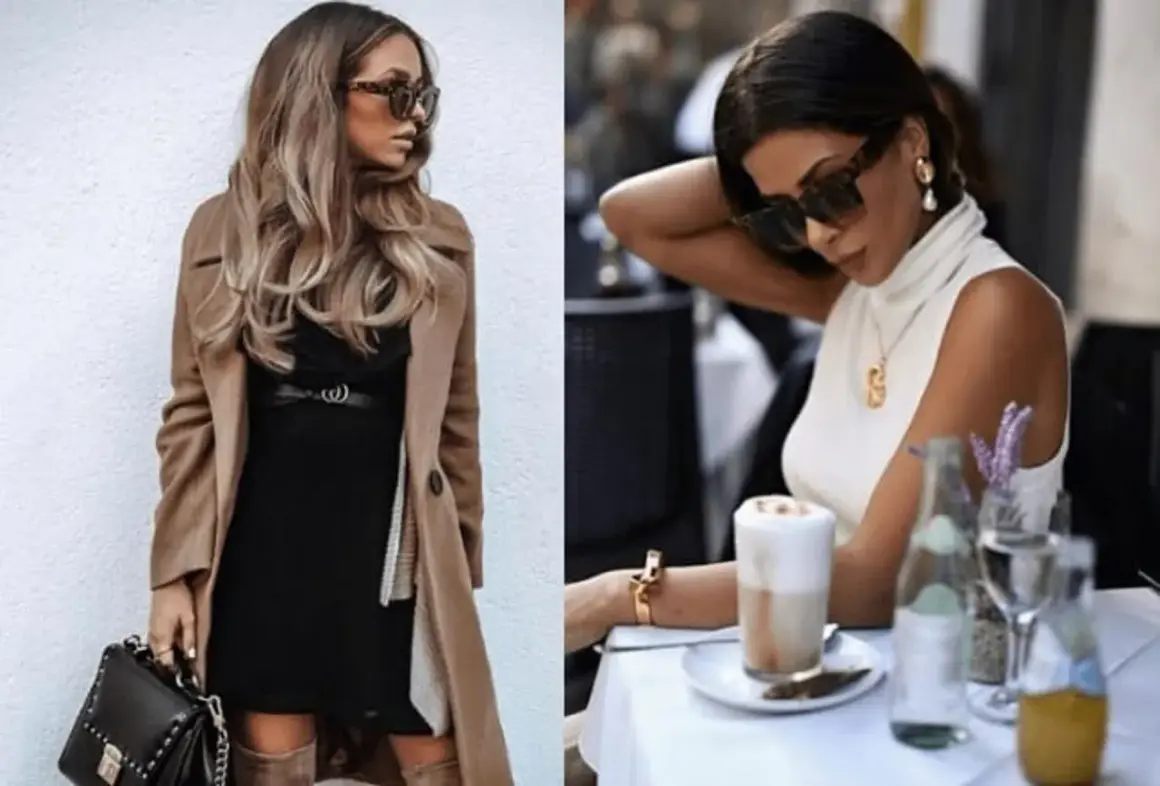 Elegancka stylizacja do restauracji: płaszcz, czarna sukienka i torebka. Druga kobieta w białej bluzce z golfem, przy stoliku z kawą.