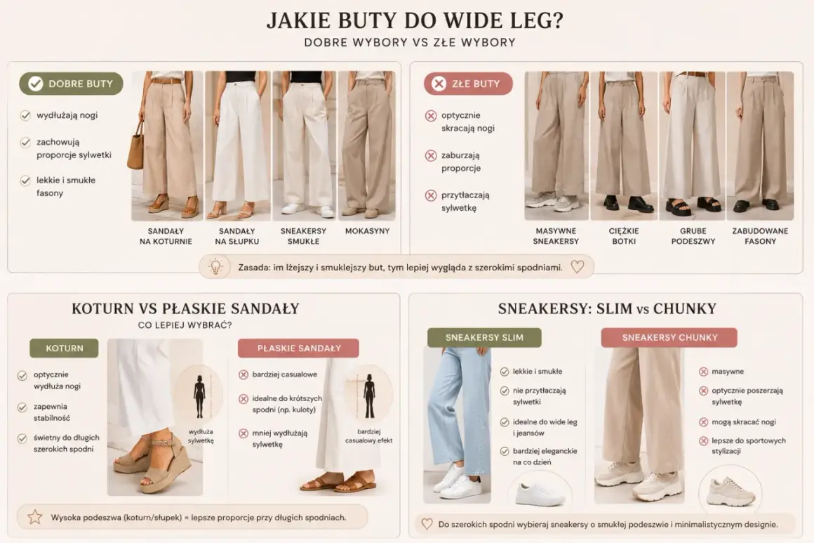 Dobre buty do spodni wide leg: sandały na koturnie, na słupku, sneakersy smukłe. Złe buty: masywne sneakersy, ciężkie botki.