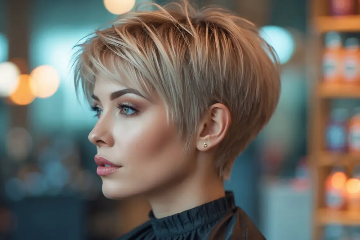 Krótkie, blond włosy w stylu pixie dodają uroku. Odmładzające krótkie fryzury damskie to strzał w dziesiątkę dla każdej kobiety.