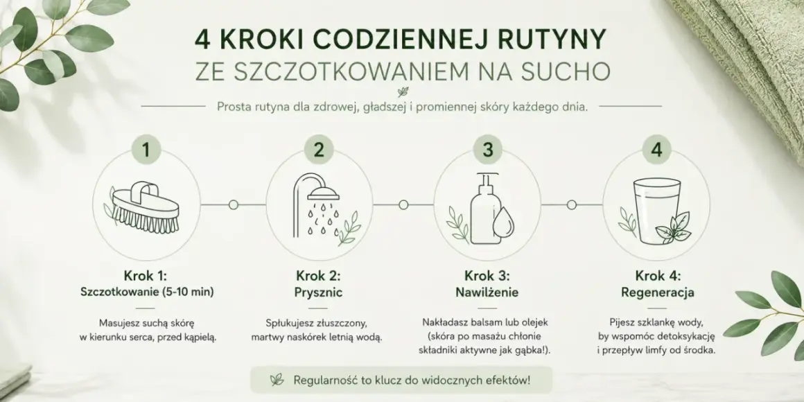 4 kroki do gładkiej skóry: szczotkowanie na sucho, prysznic, nawilżenie i regeneracja. Prosta rutyna dla promiennej cery.