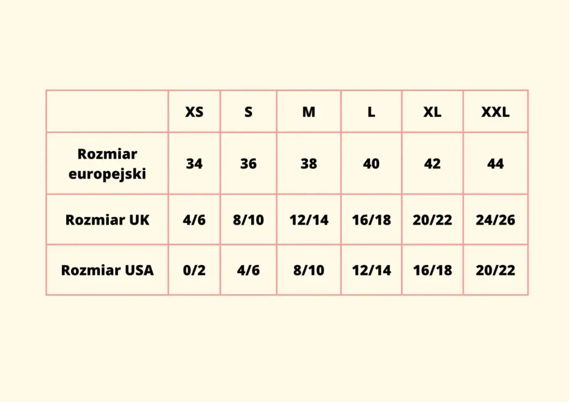 Tabela rozmiarów: europejski 42, UK 20/22, USA 16/18. Jaki to rozmiar? XL.