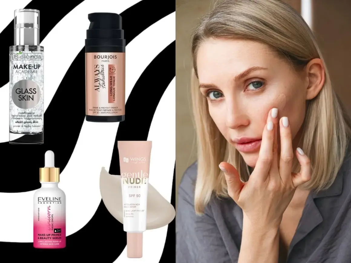 Kobieta aplikuje na twarz silikonową bazę pod makijaż. W tle kosmetyki: Bielenda, Bourjois, Eveline, Wings.