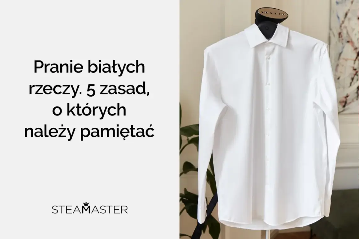 Biała koszula na wieszaku, gotowa do prasowania. Dowiedz się, jak prać białe koszule, by zawsze wyglądały jak nowe.