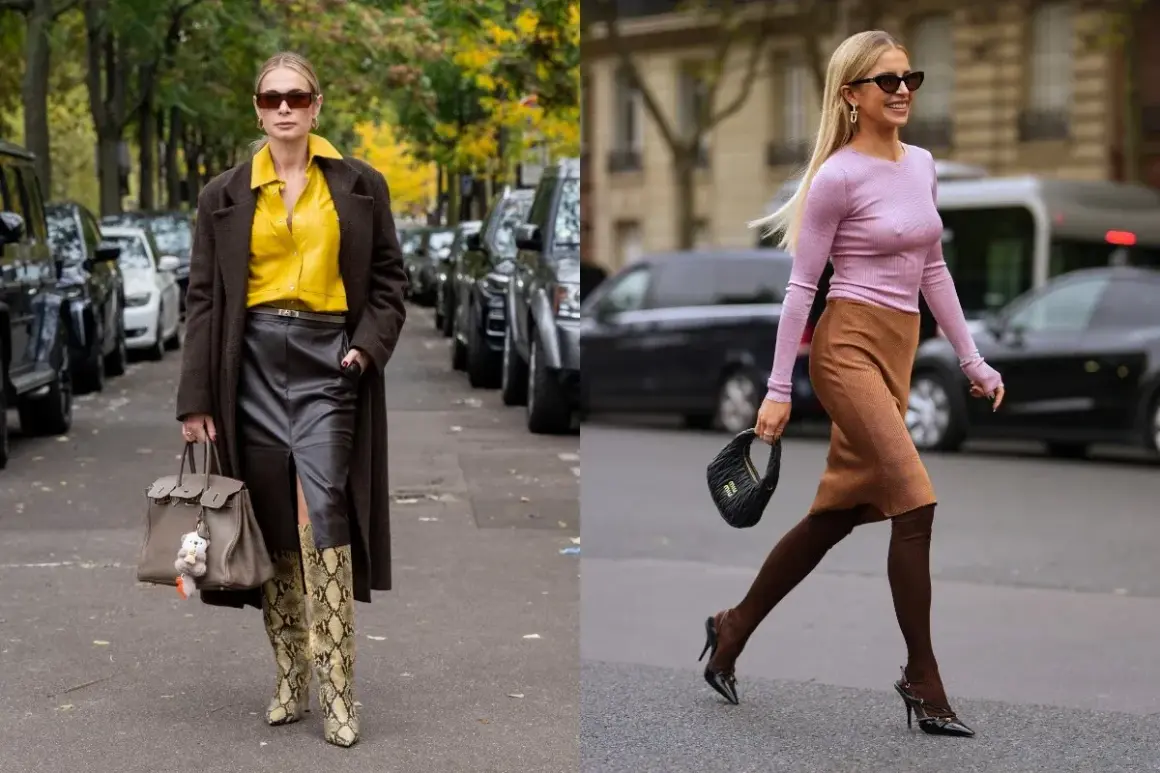 Dwie kobiety prezentują stylowe **kolory jesieni ubrania**: jedna w brązowym płaszczu i żółtej koszuli, druga w różowym swetrze i brązowej spódnicy.